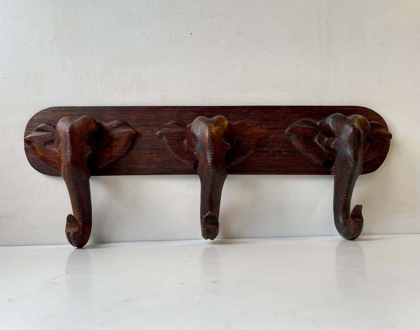 Hand Carved Elephant Coat Or Towel Rack In Dark Wood, 1930s photo furniture