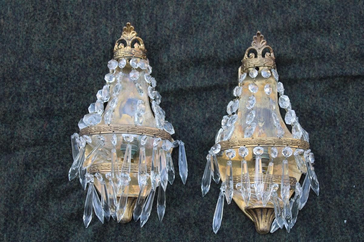 Small Pair Of French Wall Lamps In Machined Brass And 1950s Crystals Baroque photo furniture