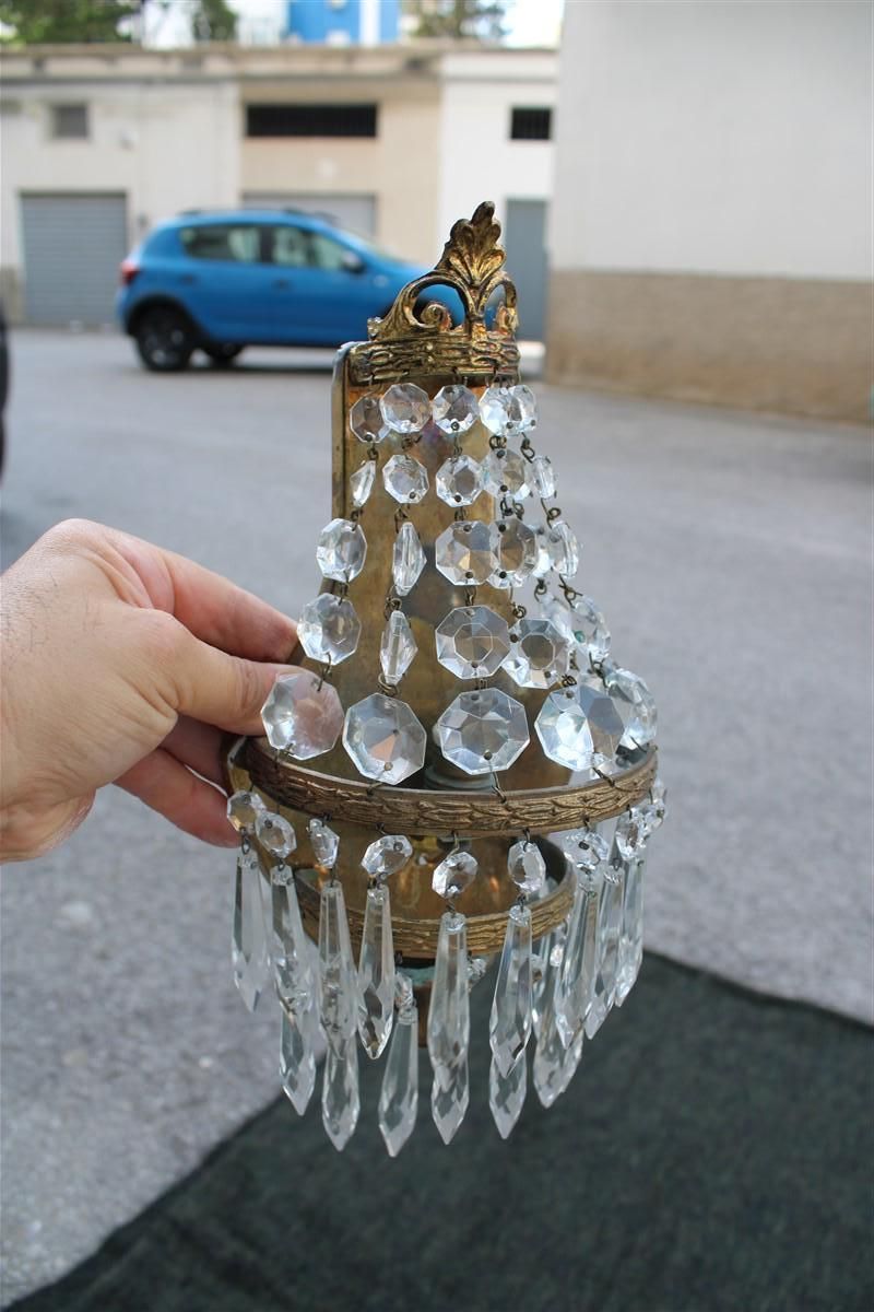 Small Pair Of French Wall Lamps In Machined Brass And 1950s Crystals Baroque photo vinterior
