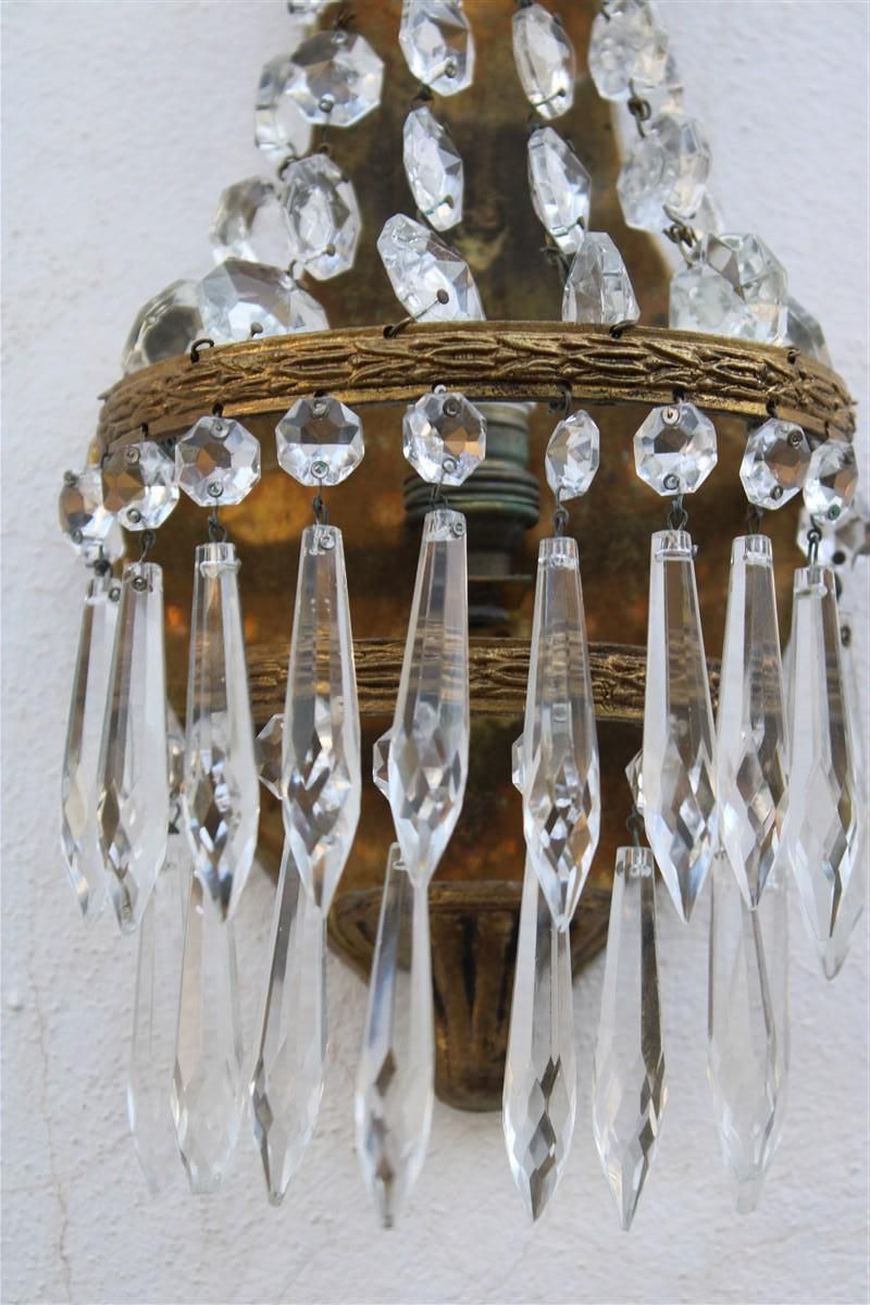 photo furniture Small Pair Of French Wall Lamps In Machined Brass And 1950s Crystals Baroque