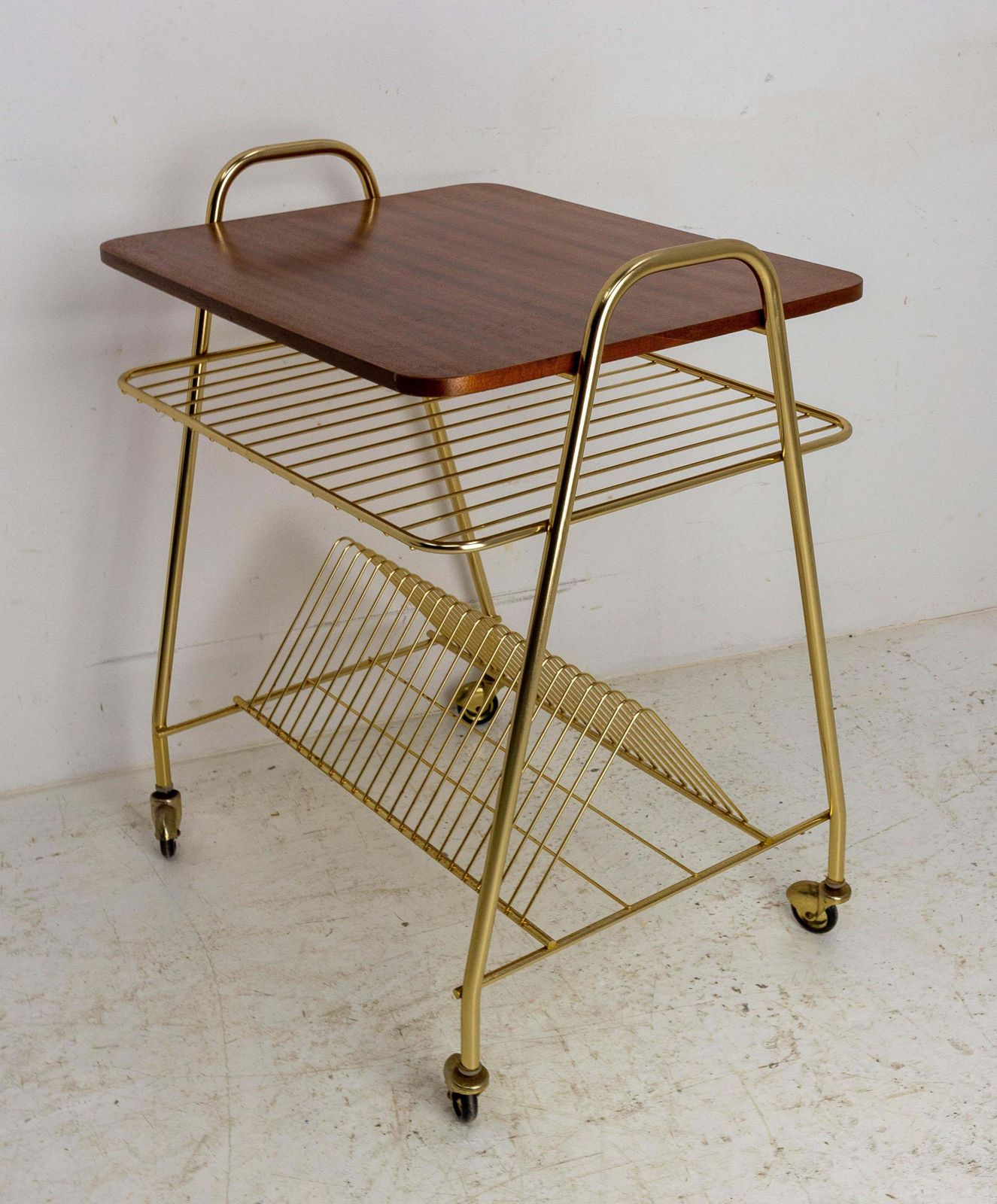 Franse Iroko Goudkleurig Verchroomde Tafelwagen Console Desserte op Wielen, 1960 photo for sale