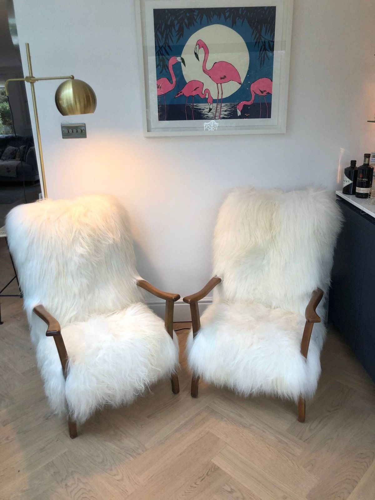 photo furniture Sheepskin Icelandic, Luxury, White Fur, Genuine Mid Century Chair