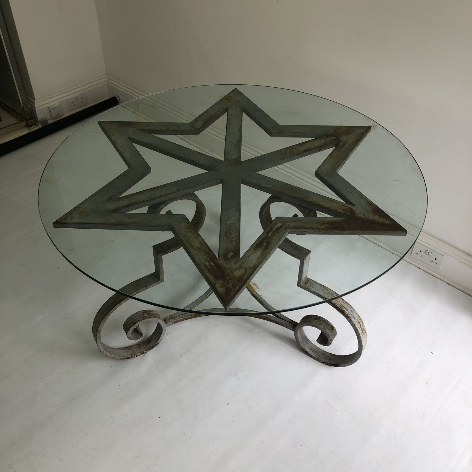 Cast Iron Round Dining Table, 1970s Garden Vintage Glass French Distressed photo vinterior