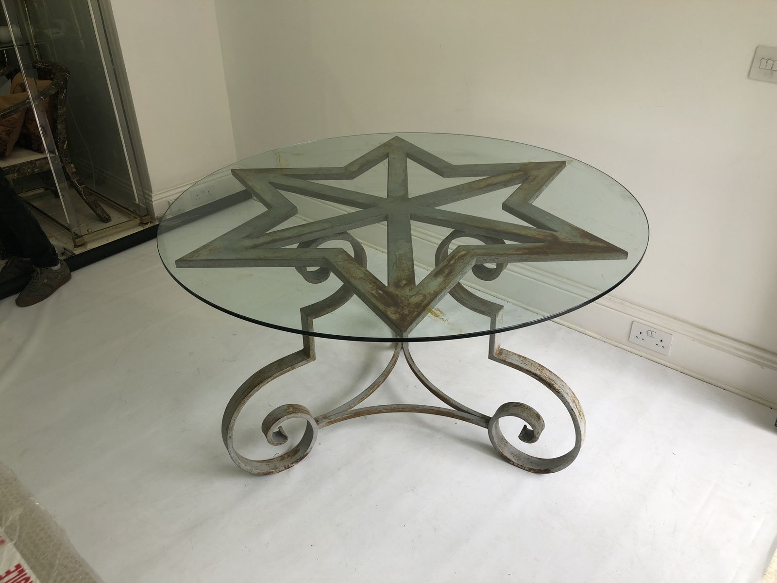 Cast Iron Round Dining Table, 1970s Garden Vintage Glass French Distressed