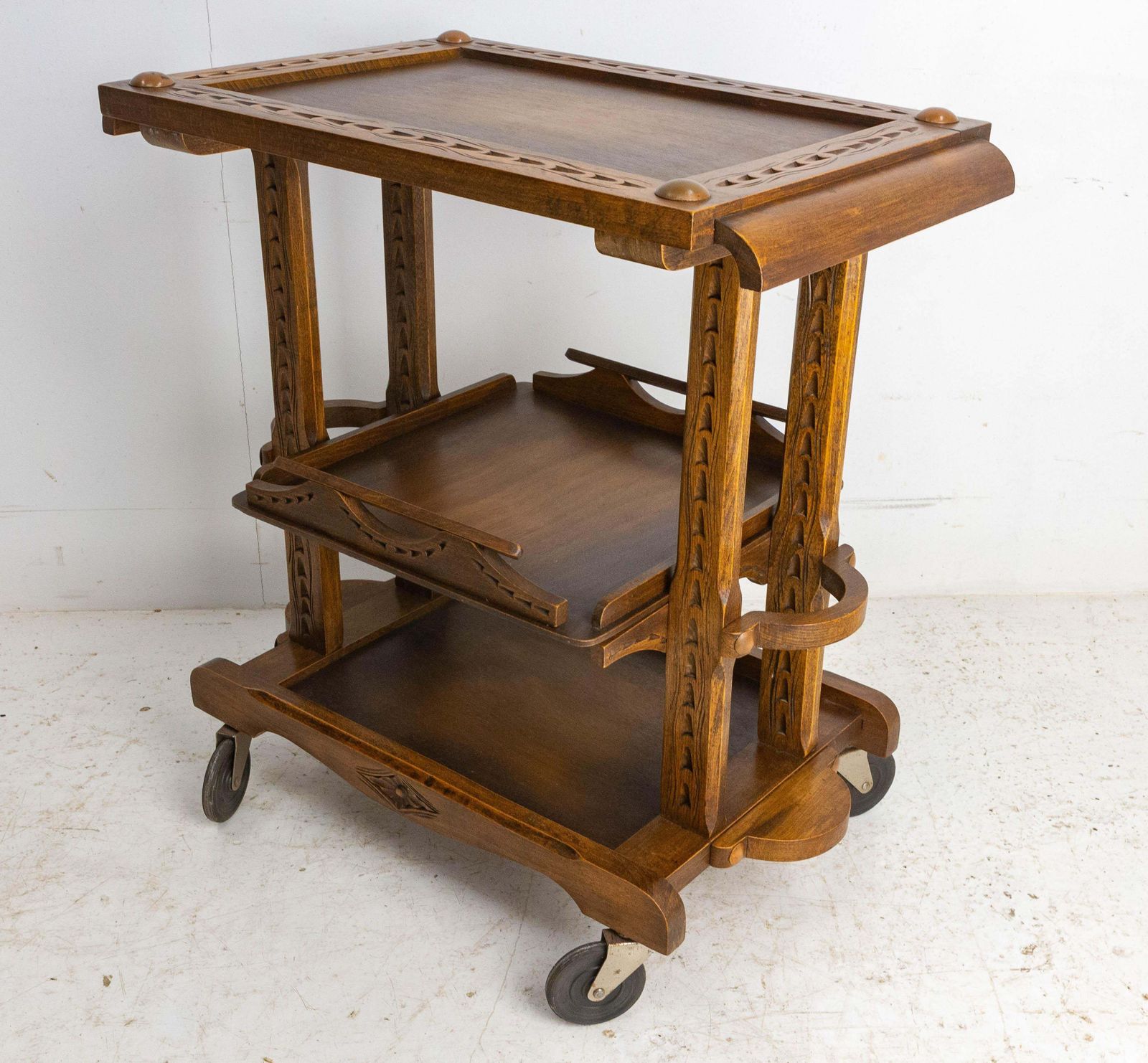 Poplar Cart Drinks Cocktail Table Trolley Three Trays On Wheels, France C. 1940 photo for sale