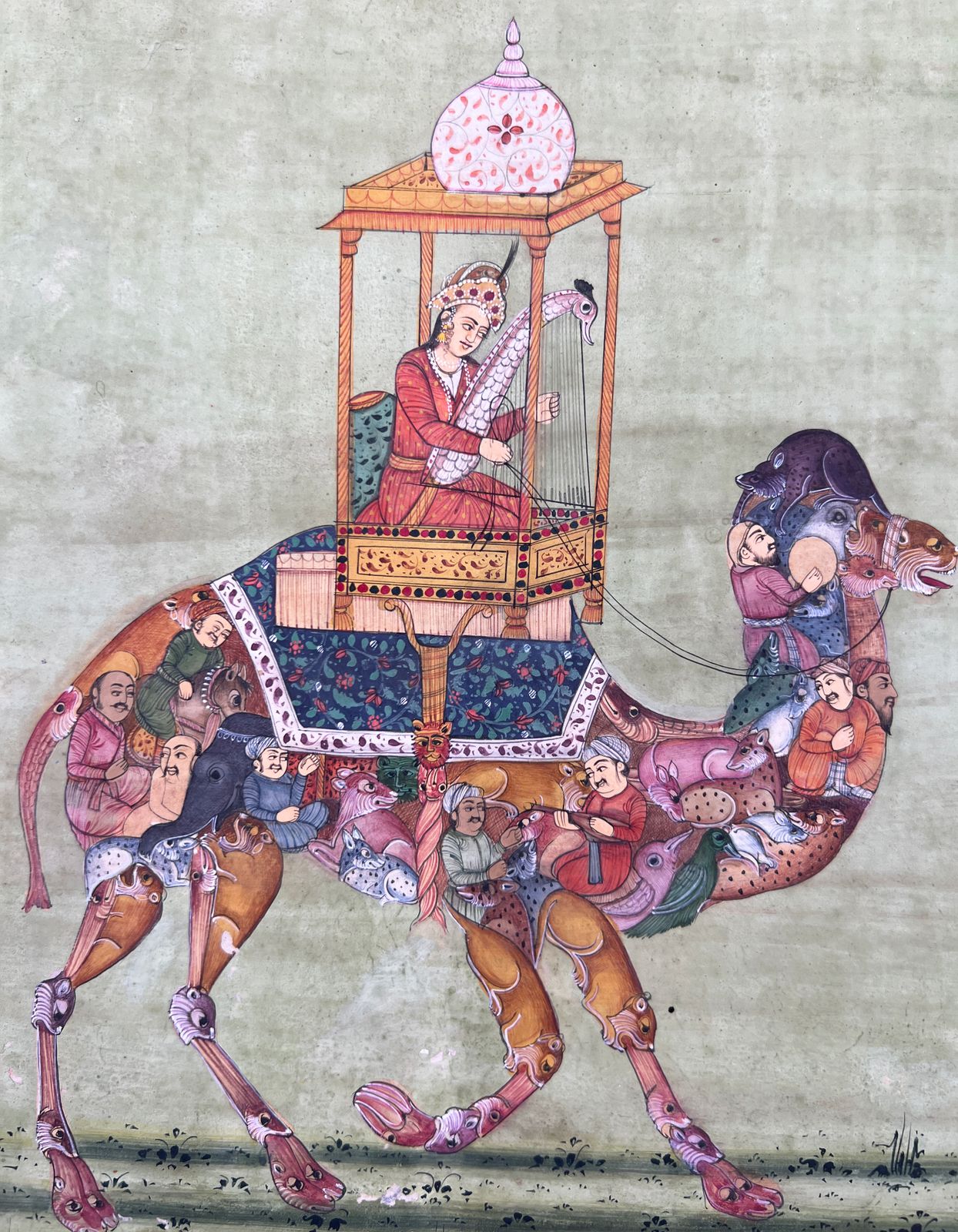 Indian Miniature Painting Depicts A Lady Riding A Composite Camel, 20th Century photo Art