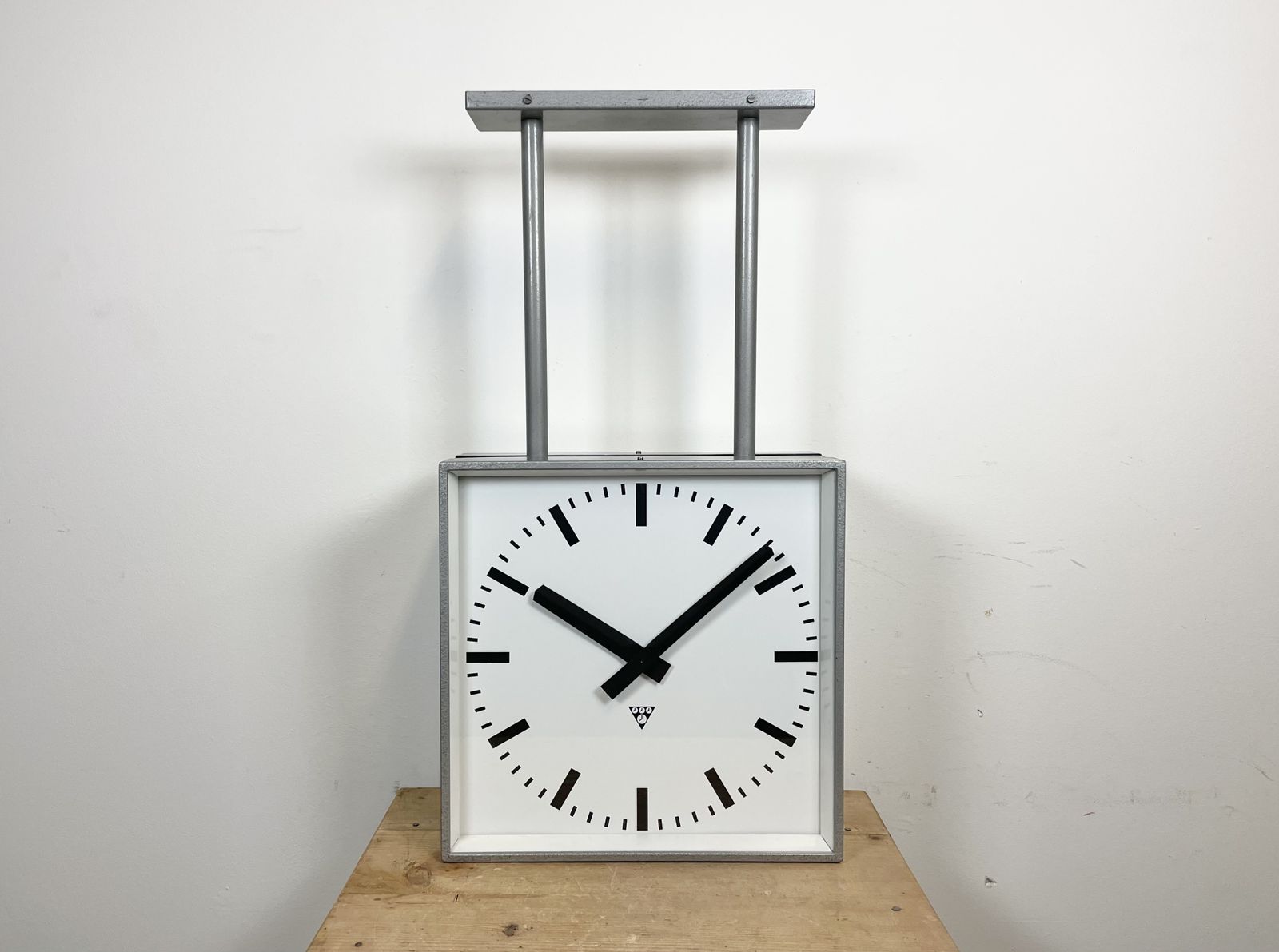Large Square Industrial Double Sided Factory Clock From Pragotron, 1960s photo for sale