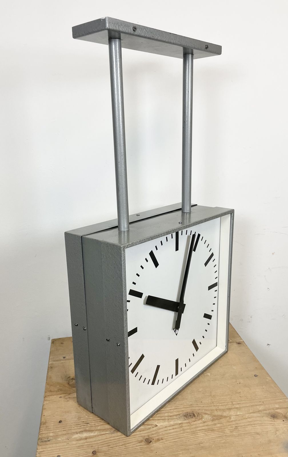 photo furniture Large Square Industrial Double Sided Factory Clock From Pragotron, 1960s