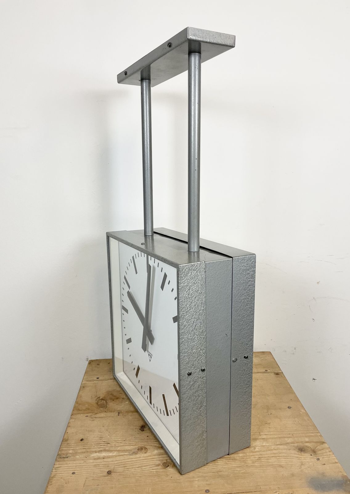 photo vintage Large Square Industrial Double Sided Factory Clock From Pragotron, 1960s