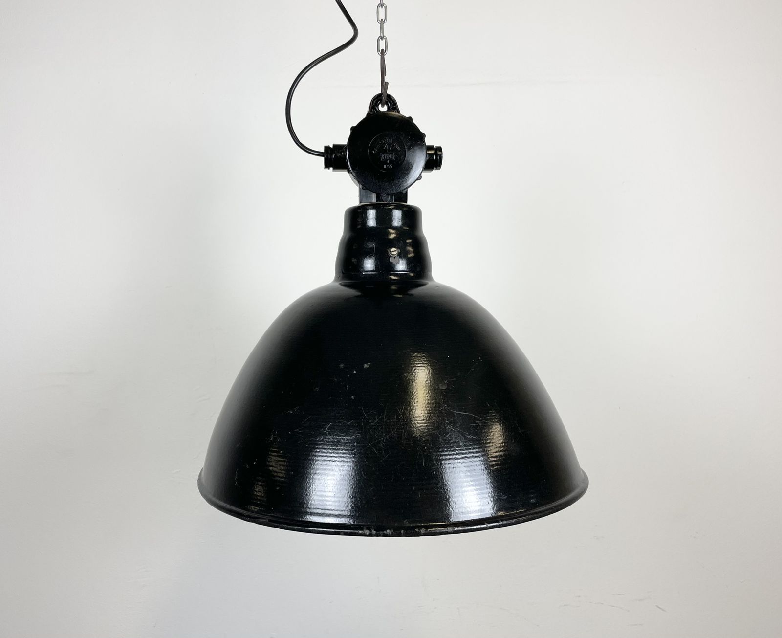 East German Black Enamel Factory Light By Lbd Veb Leuchtenbau Dresden, 1950s photo for sale