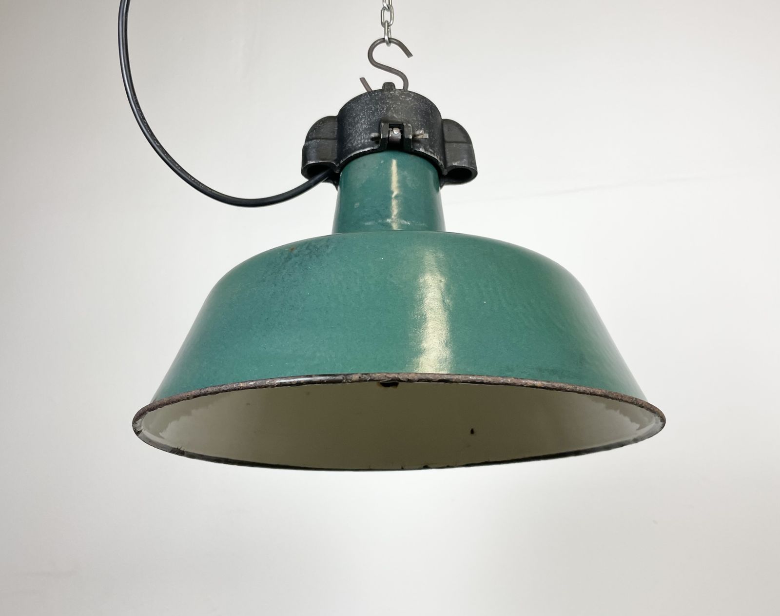 Industrial Green Enamel Factory Lamp With Cast Iron Top, 1960s, 6x photo furniture