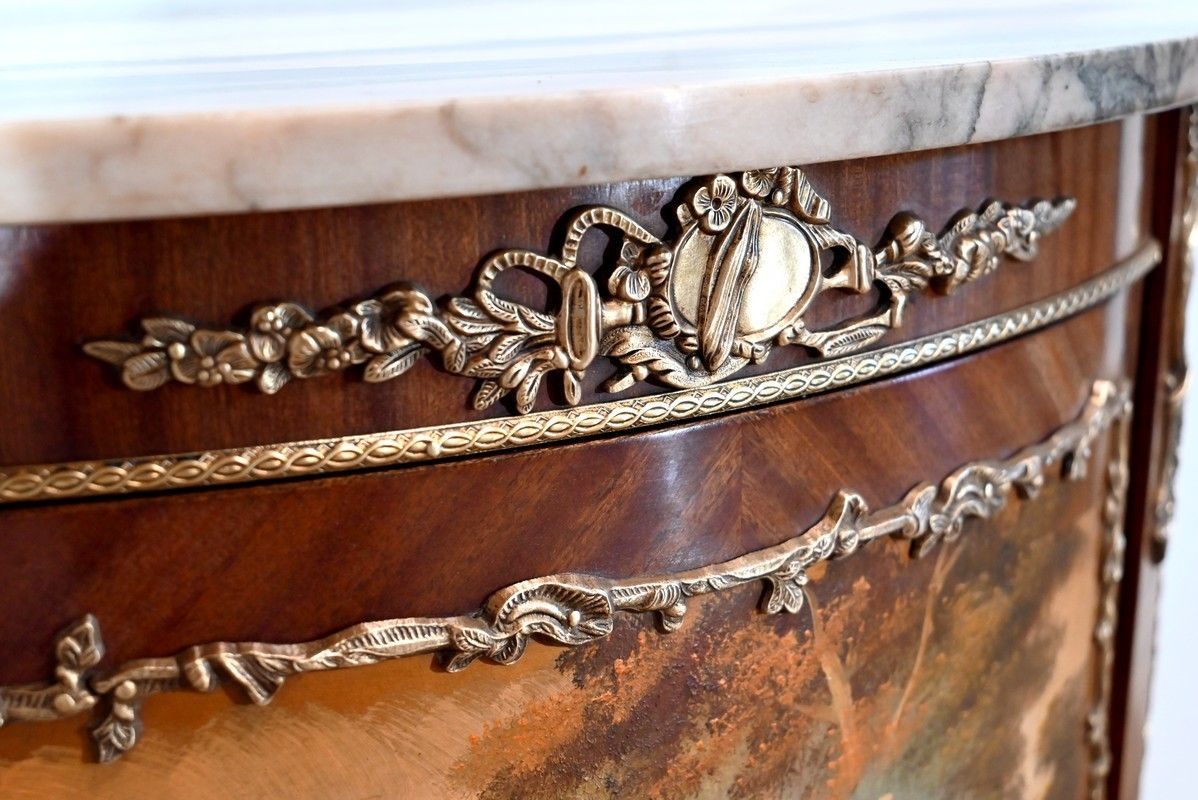 Mahogany Demi Lune Sideboard,Commode, Transition Louis XV / Louis XVI, 1st Part Of The 20th Century photo vintage