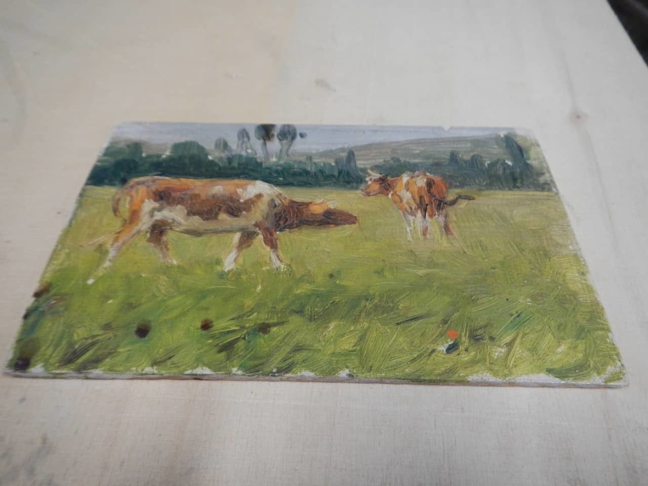 Oil Painting By Des Champs "Trees And Cow" photo vintage