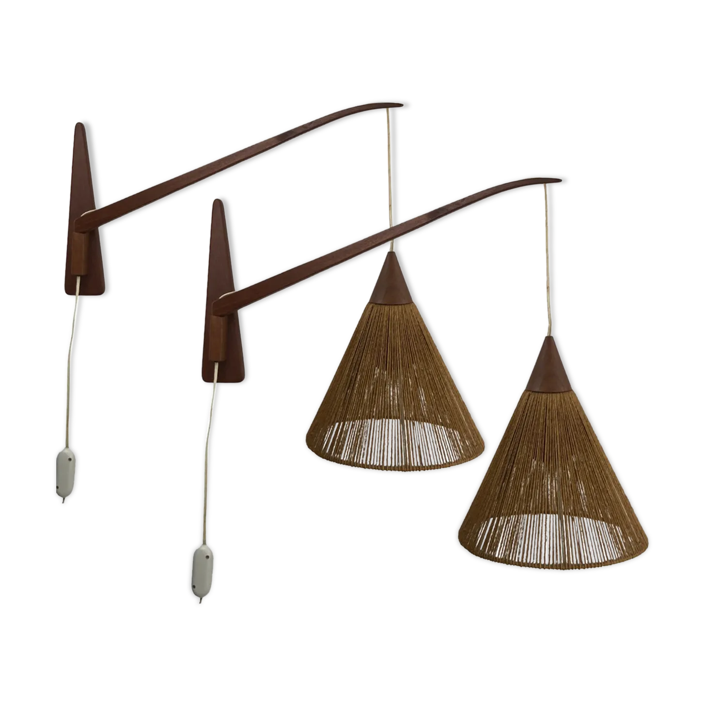 Pair Of Teak Sisal And Brass Arc Swing Wall Lamps By Temde, Switzerland 1960s