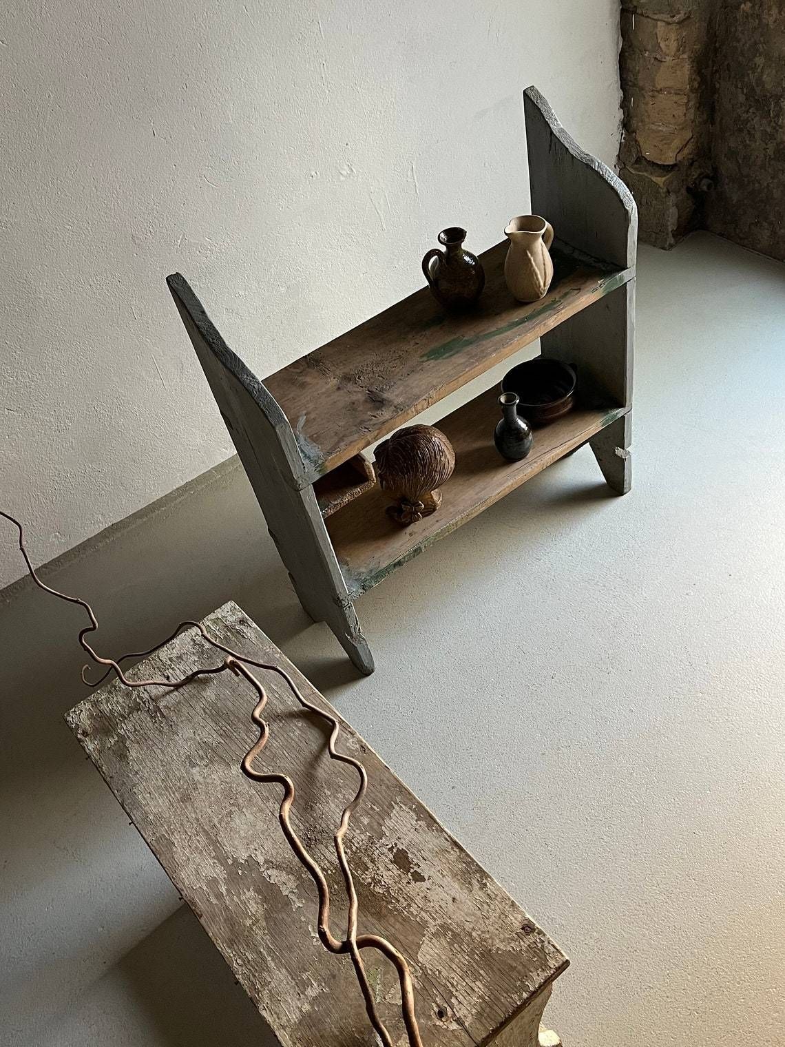 Wabi Sabi Display Shelf | Rustic Blue Painted | Kitchen | Antique photo vintage