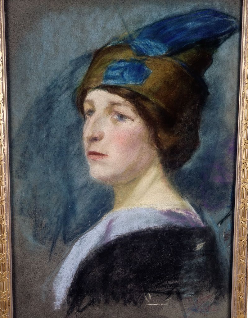A Large Pastel Portrait On Paper Of A Serene Lady Wearing A Hat photo for sale