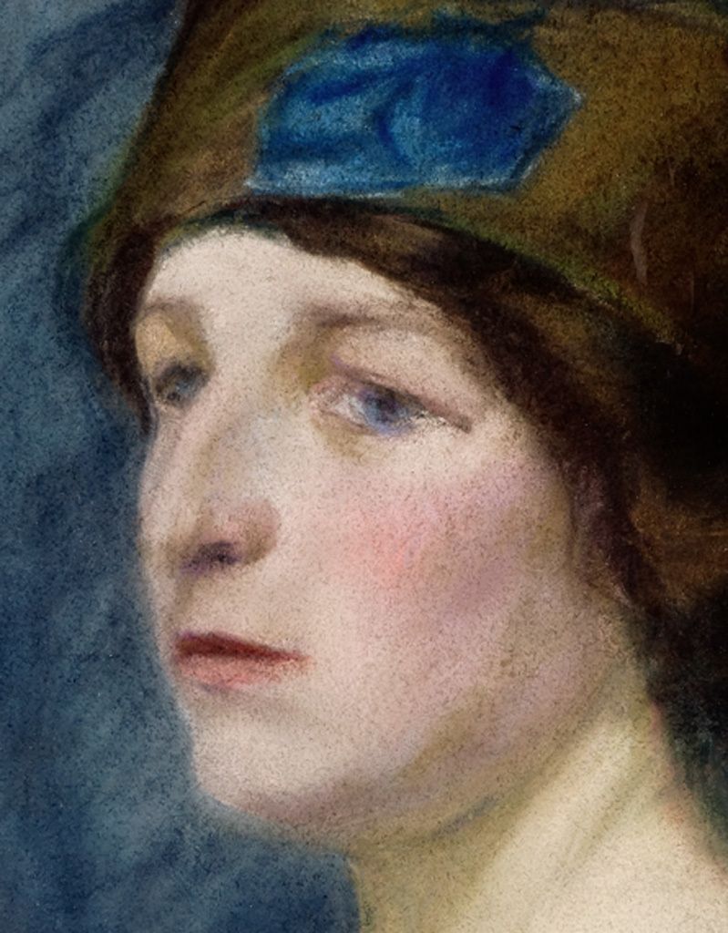 A Large Pastel Portrait On Paper Of A Serene Lady Wearing A Hat photo 645.0