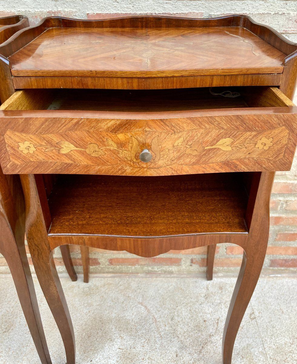 photo furniture Vintage French Bedside Tables In Marquetry And Bronze Hardware, 1920, Set Of 2