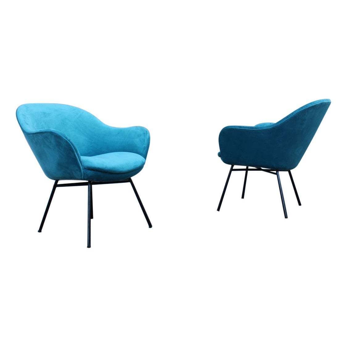 Pair Of Blue Velvet Armchairs Mid Century Italian Design Saporiti Augusto Bozzi