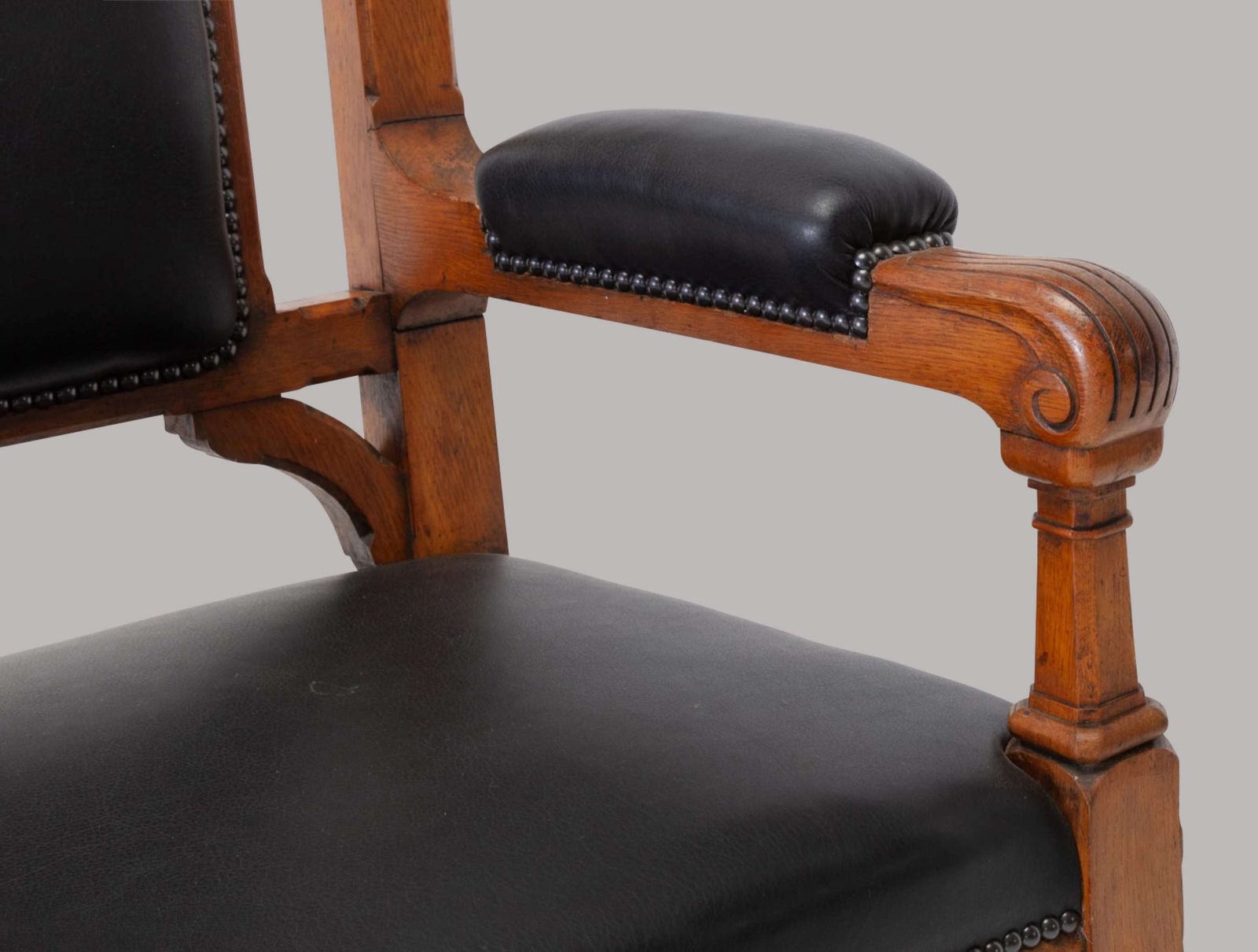 An Unusual C19th Pair Of Golden Oak And Leather Open Armchairs photo Furniture