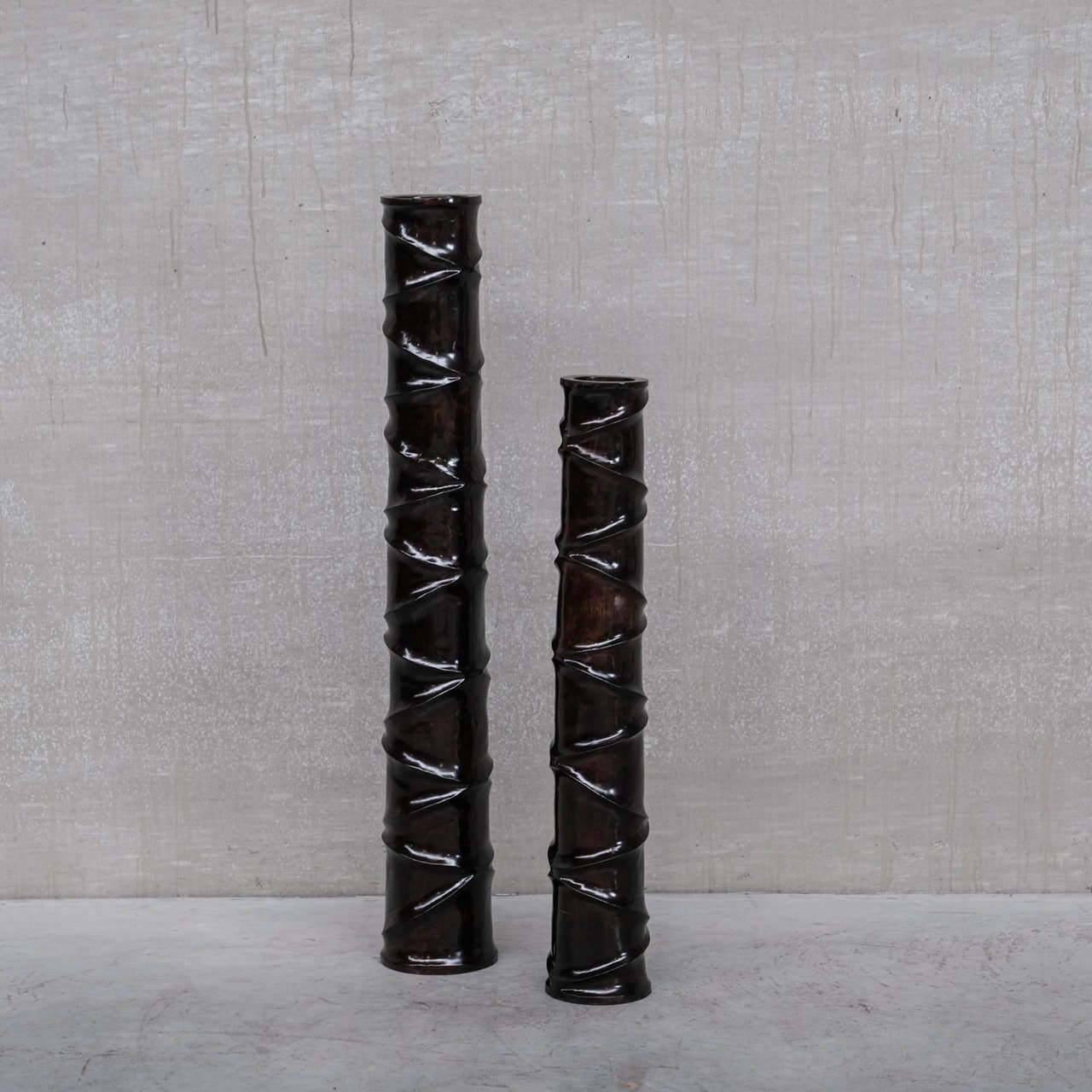 Pair Of Wooden Tall French Mid Century Decorative Vases