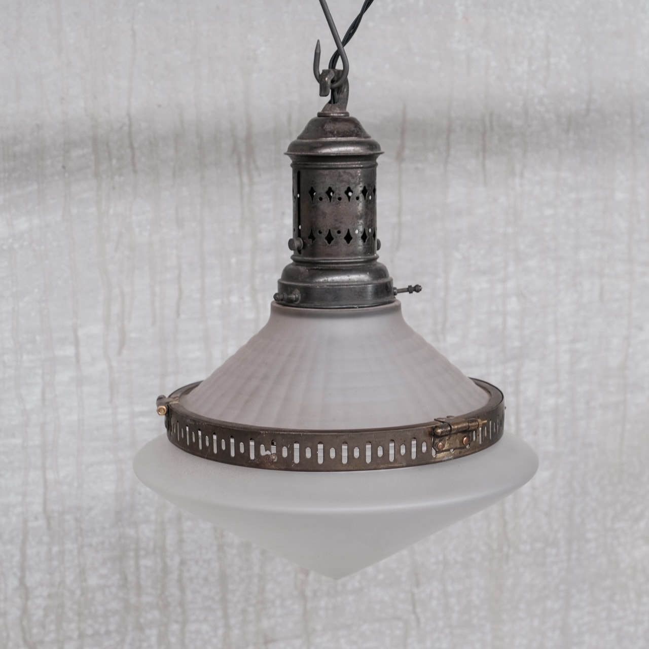 French Conical Glass And Brass Antique Pendant Light