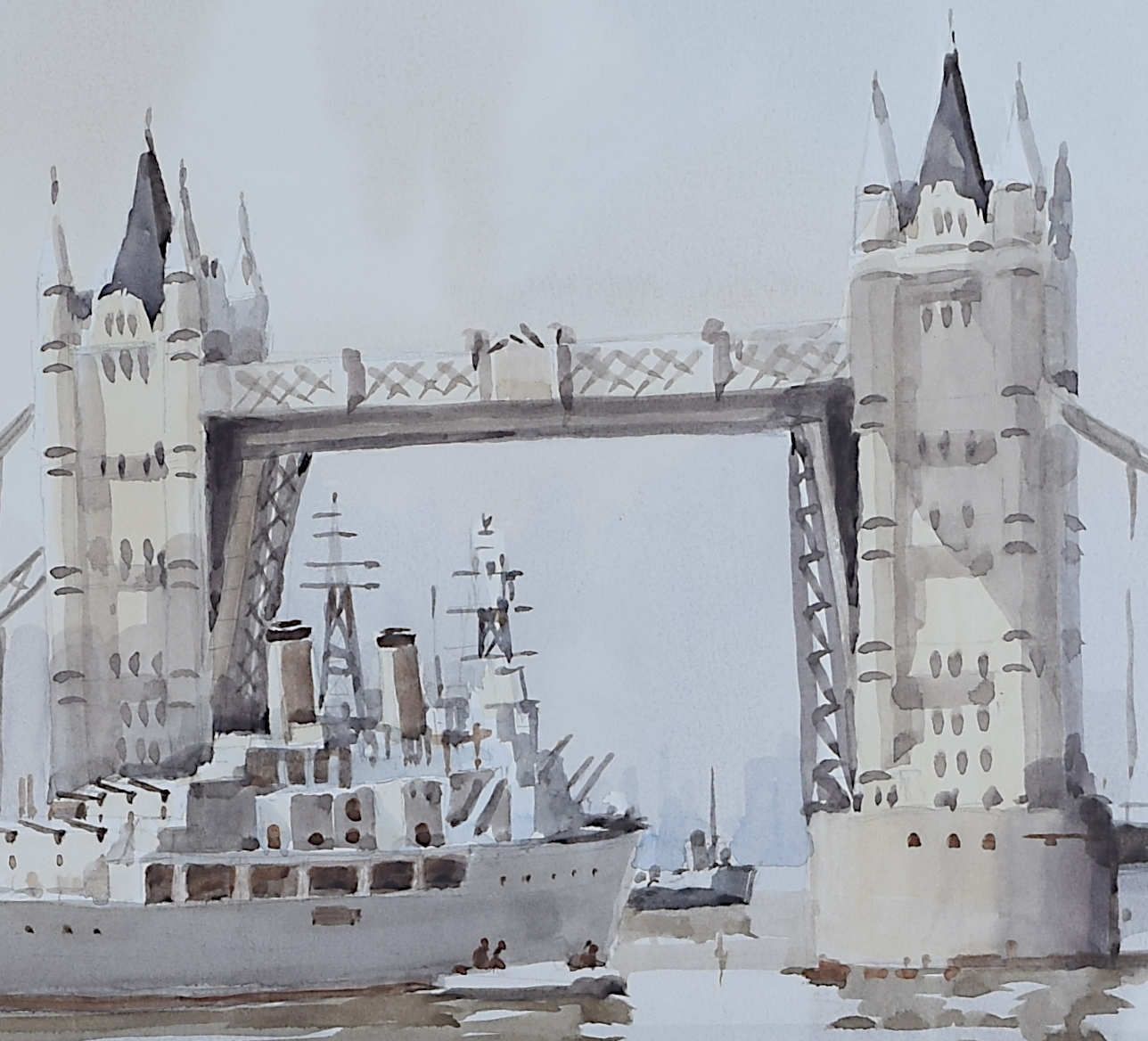 Sydney Vale: ‘Hms Belfast Passing Under Tower Bridge’ Watercolour photo Art