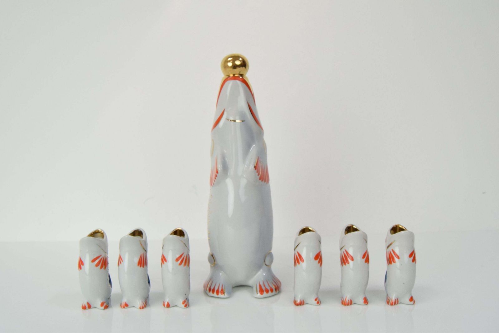 Fish Decanter Soviet Drinking Set Porcelain Fish Carafe Shots Glass,1950's. photo for sale