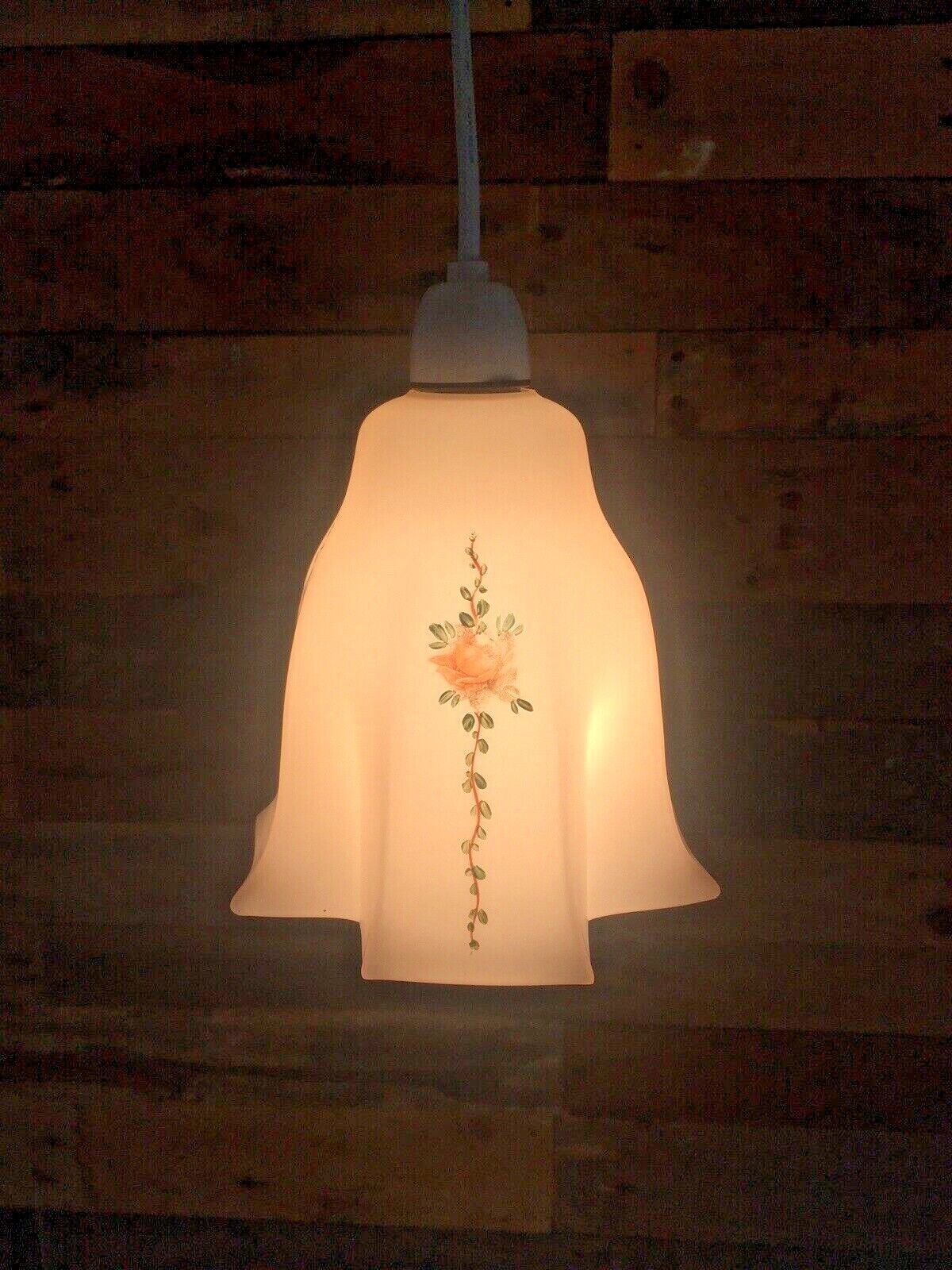 Unusual Art Deco Cross Shaped Pink Opaline Painted Rose Glass Lamp Light Shade