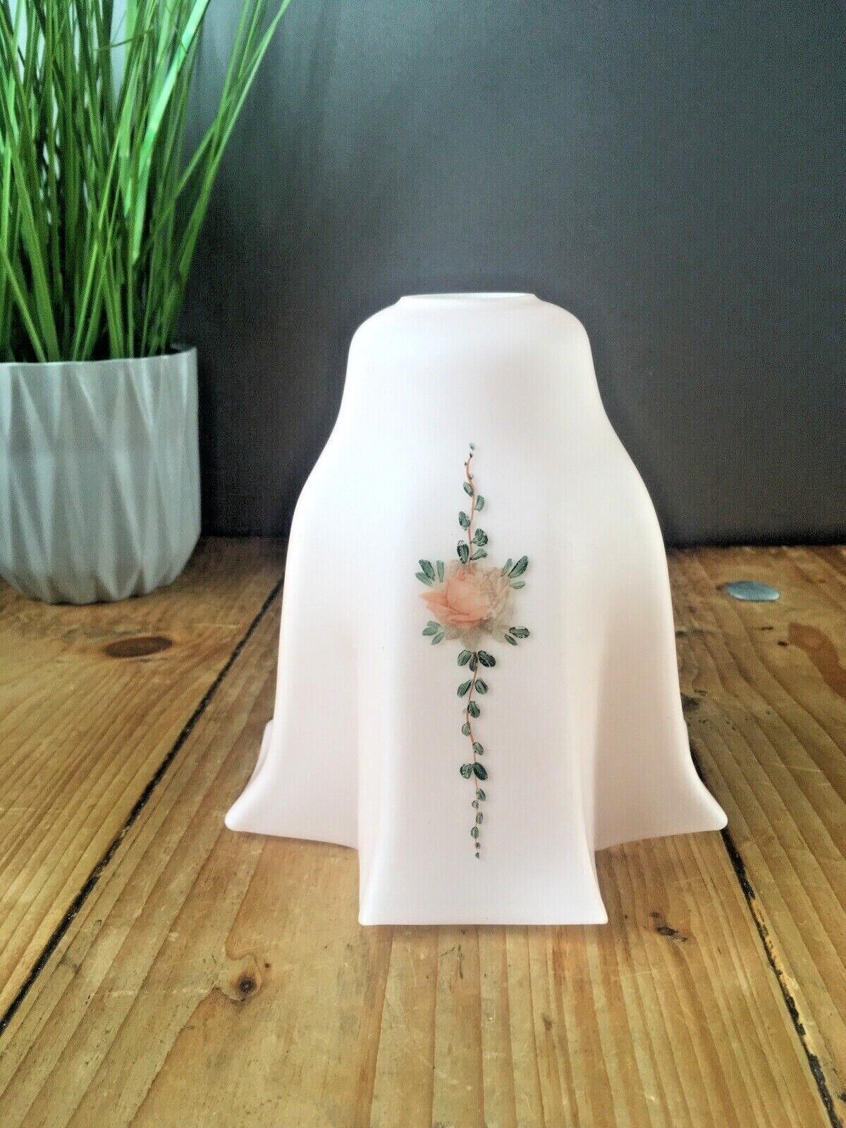 Unusual Art Deco Cross Shaped Pink Opaline Painted Rose Glass Lamp Light Shade photo vintage