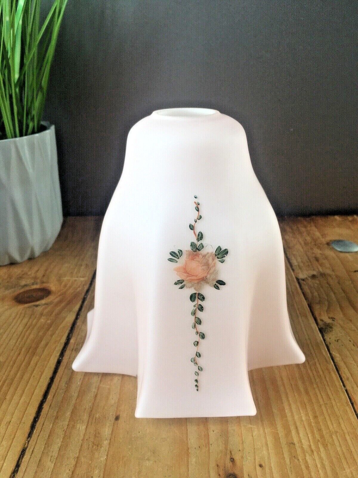 110.0 Unusual Art Deco Cross Shaped Pink Opaline Painted Rose Glass Lamp Light Shade photo