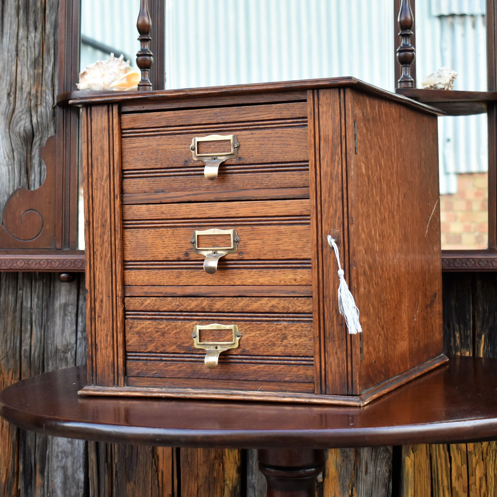Antique Shannon Desk Top Oak Filing Cabinet Collectors Storage Bank Of Drawers
