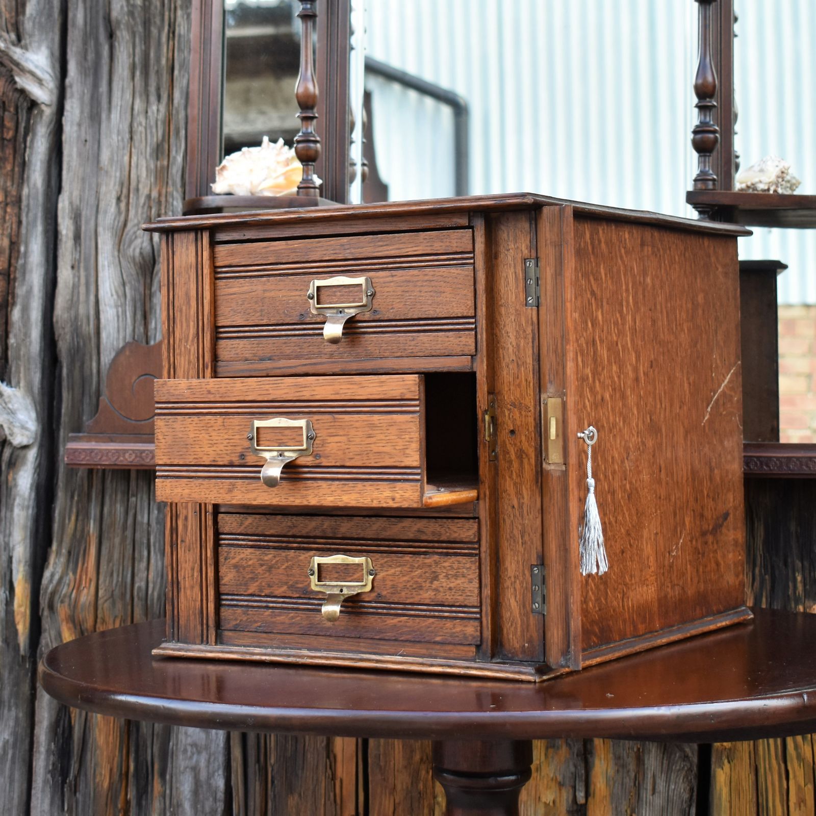 Antique Shannon Desk Top Oak Filing Cabinet Collectors Storage Bank Of Drawers photo for sale