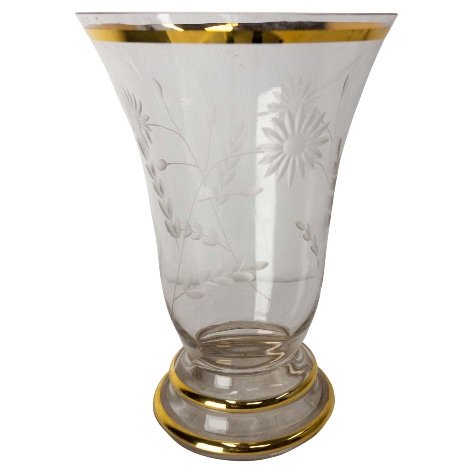 French Vase Glass Golden Neck And Base, Flowers Engraved, Circa 1960