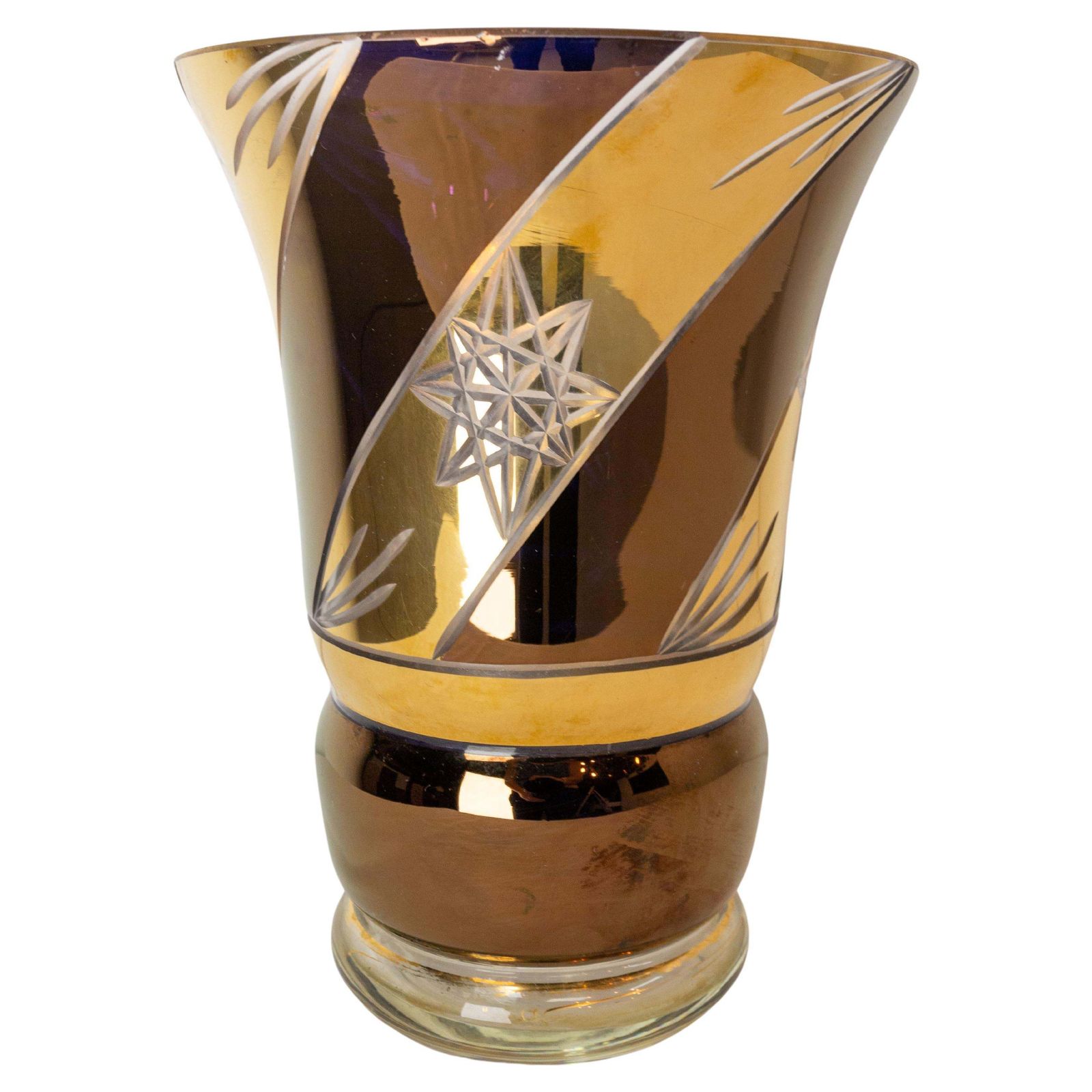 French Vase Bronze And Golden Glass, Stars Engraved, Circa 1960