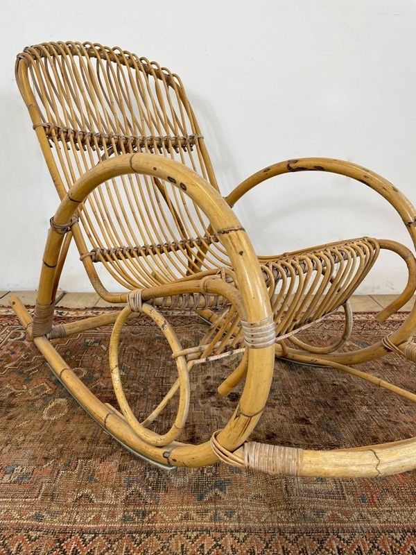 Vintage French Mid Century Bamboo Rocking Chair photo for sale