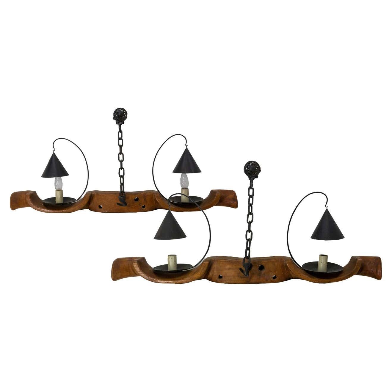 French Pair Of Sconces Yoke Elm And Iron Double Lamps Mid Century
