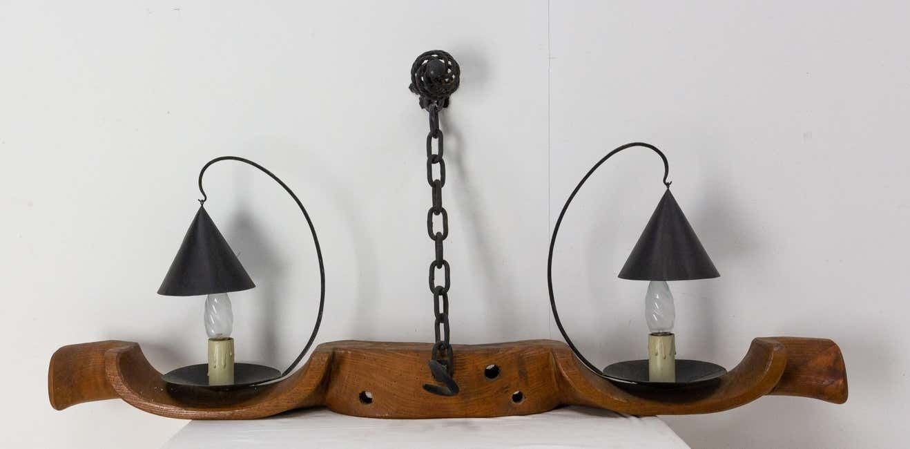 French Pair Of Sconces Yoke Elm And Iron Double Lamps Mid Century photo for sale