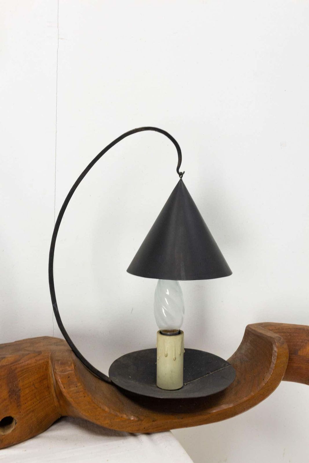 French Pair Of Sconces Yoke Elm And Iron Double Lamps Mid Century photo vinterior