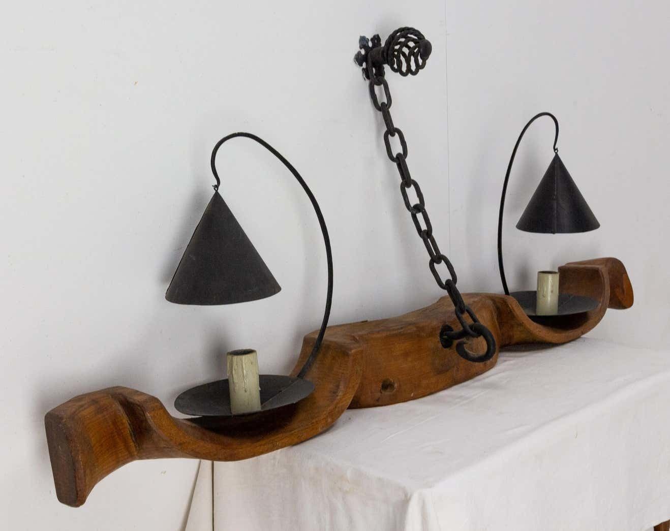 Lighting French Pair Of Sconces Yoke Elm And Iron Double Lamps Mid Century photo