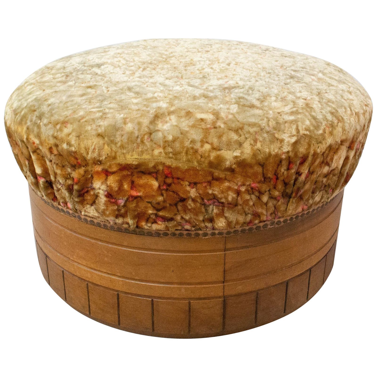 French Art Deco Ottoman Pouf Wood And Upholstery, Mid Century