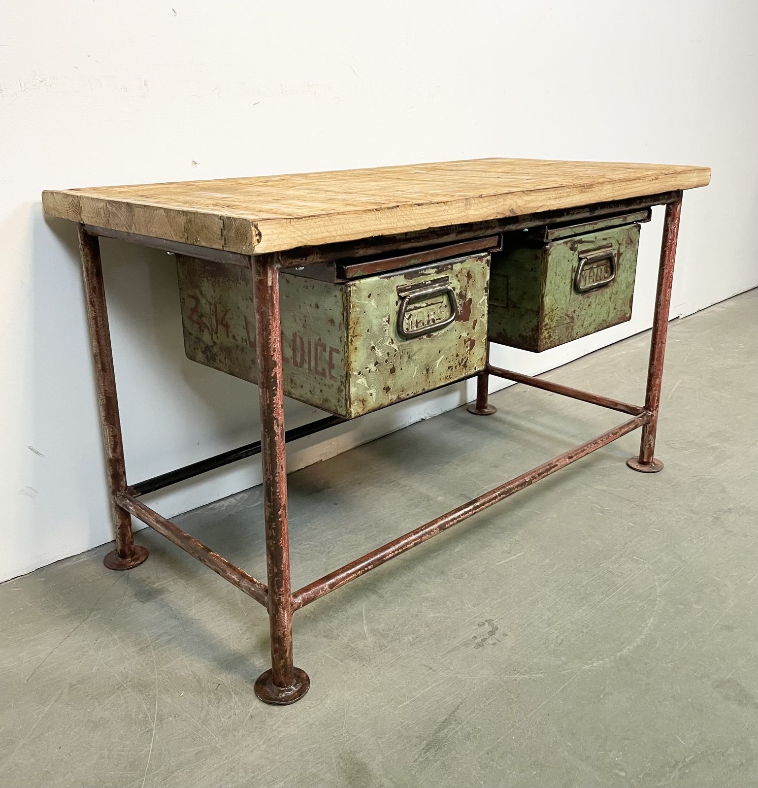 Red Industrial Worktable With Two Green Iron Drawers, 1960s photo furniture