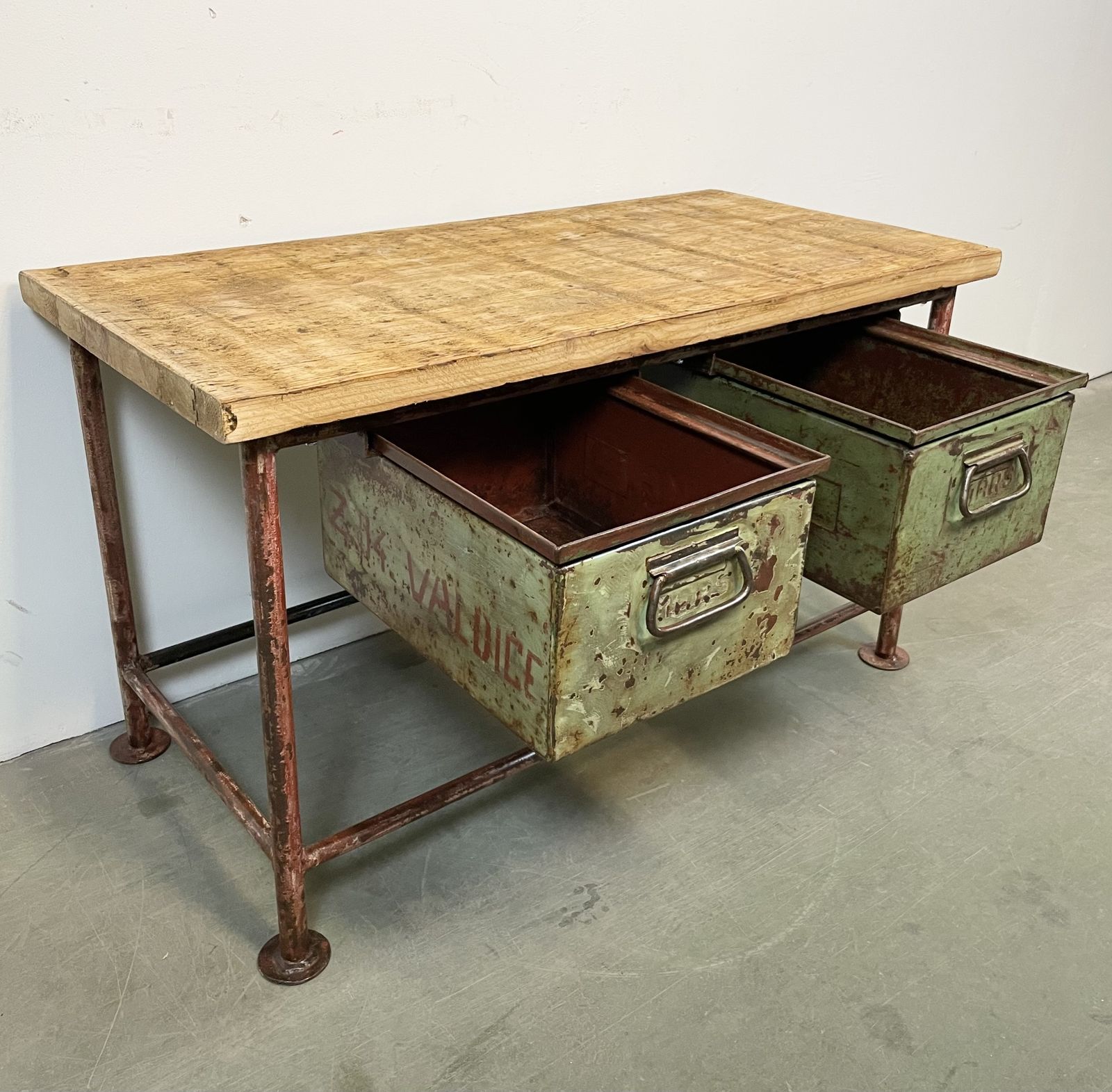 Red Industrial Worktable With Two Green Iron Drawers, 1960s photo Furniture