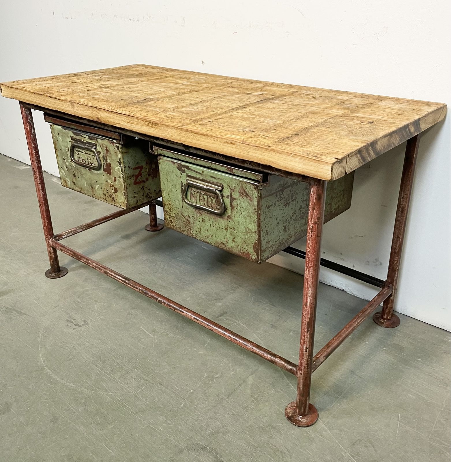 Red Industrial Worktable With Two Green Iron Drawers, 1960s photo vintage