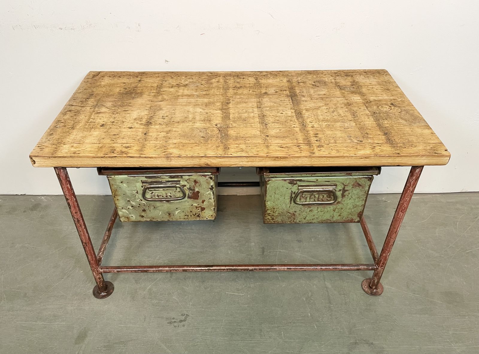 photo furniture Red Industrial Worktable With Two Green Iron Drawers, 1960s