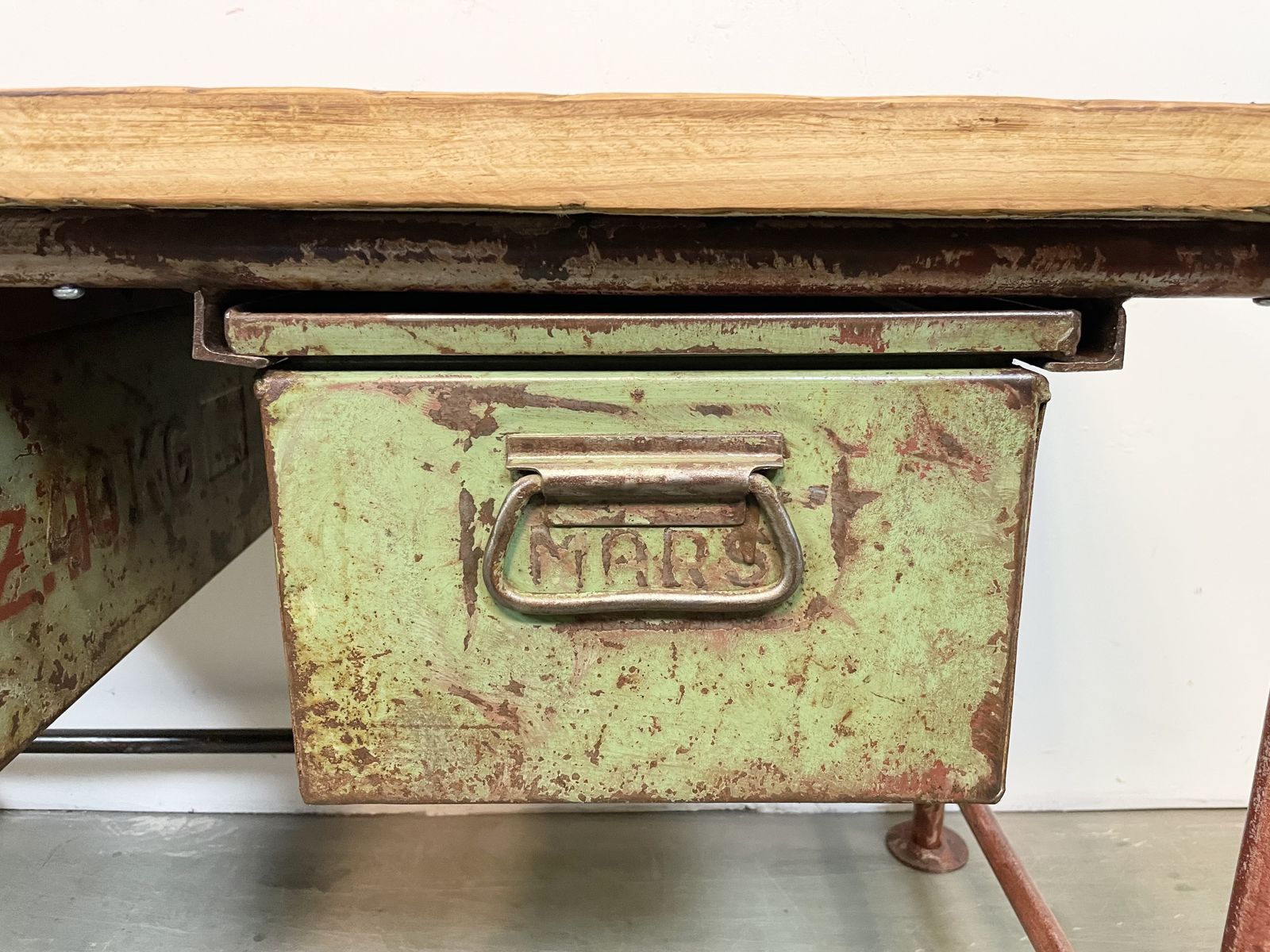 599.0 Red Industrial Worktable With Two Green Iron Drawers, 1960s photo