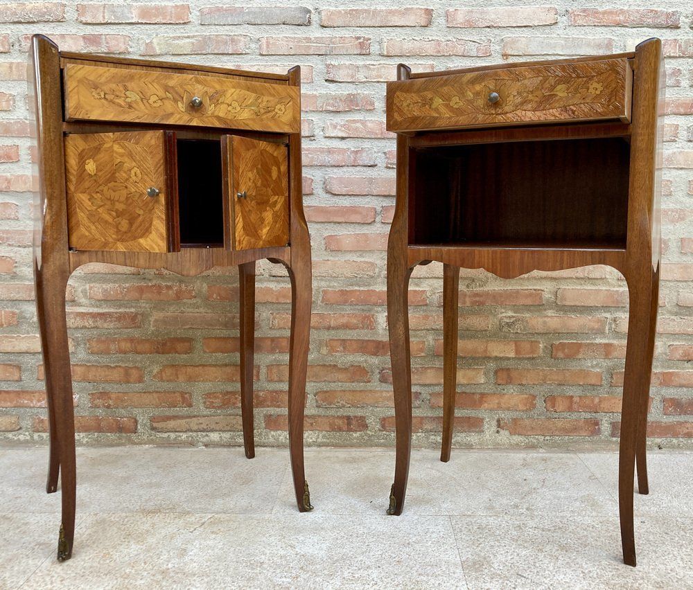Early 20th Century French Bedside Tables Or Nightstands In Marquetry And Iron Hardware, 1920s, Set Of 2 photo for sale