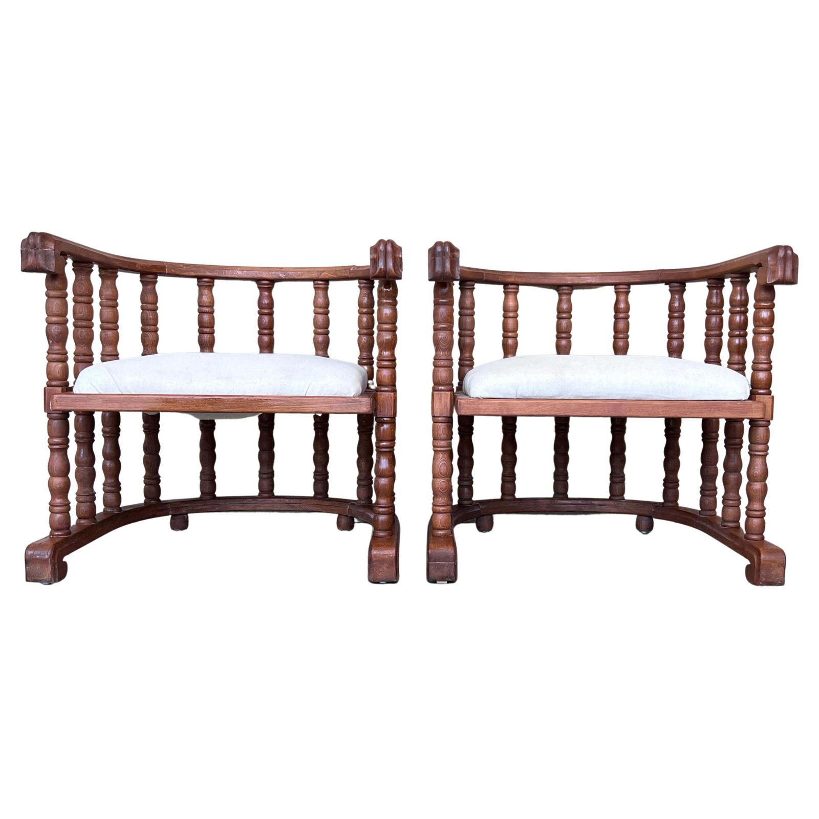 Pair Of Spanish Slatted Barrel Back Hand Carved Chairs