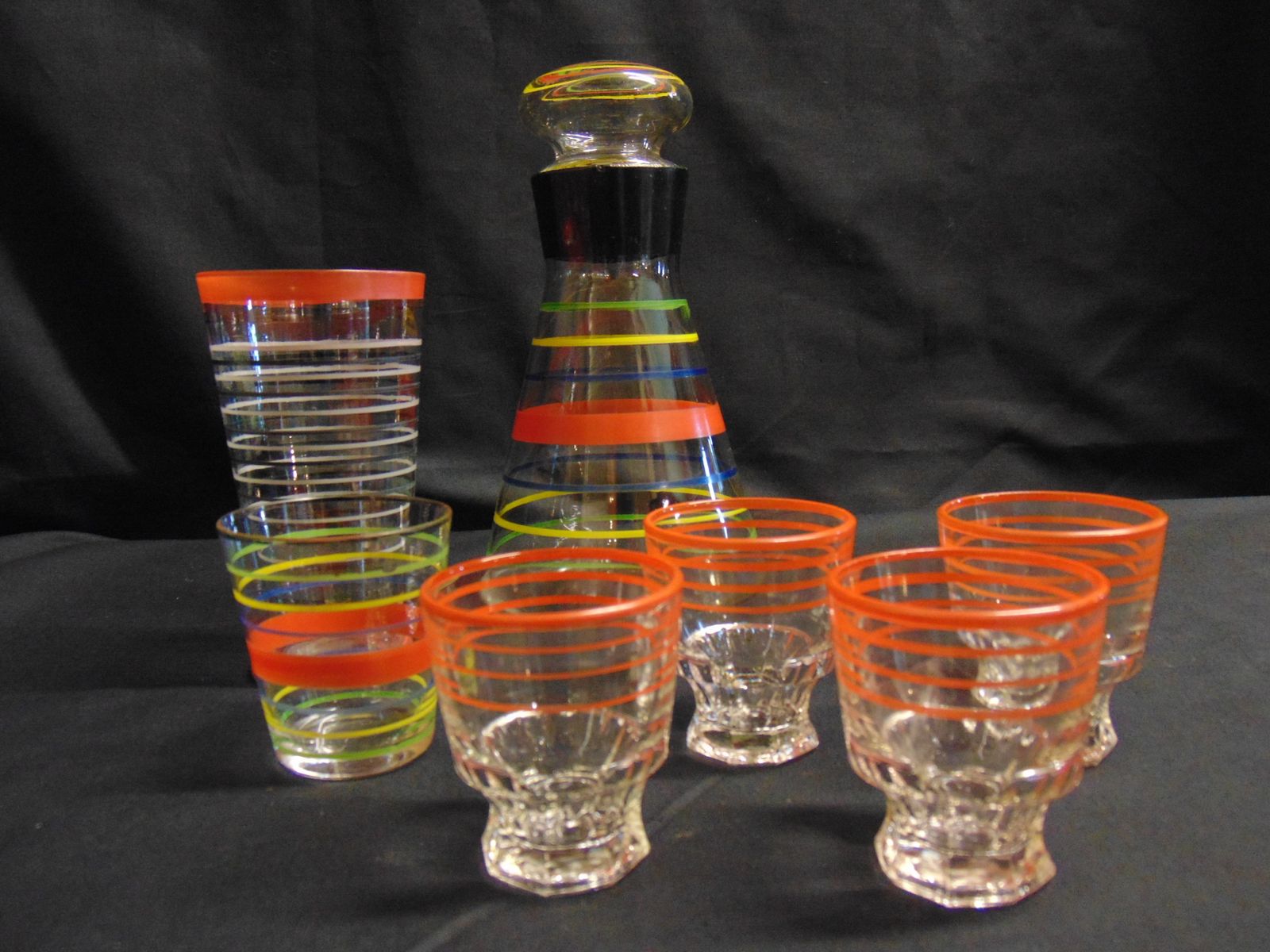 Retro Decanter And Assortment Of Glasses Mid Century Continental photo for sale