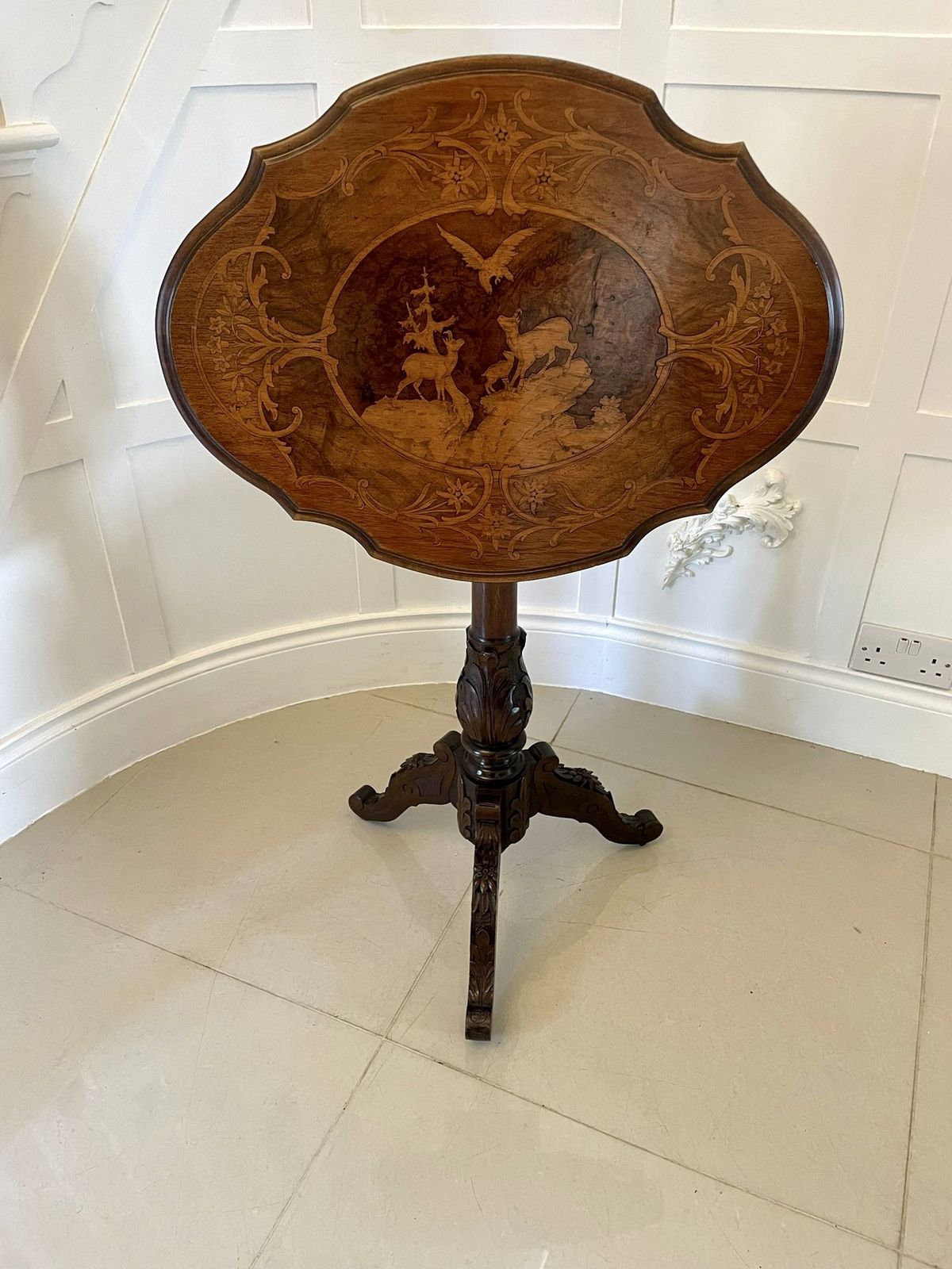 Unusual Antique Quality Marquetry Inlaid Walnut Swiss Black Forest Table